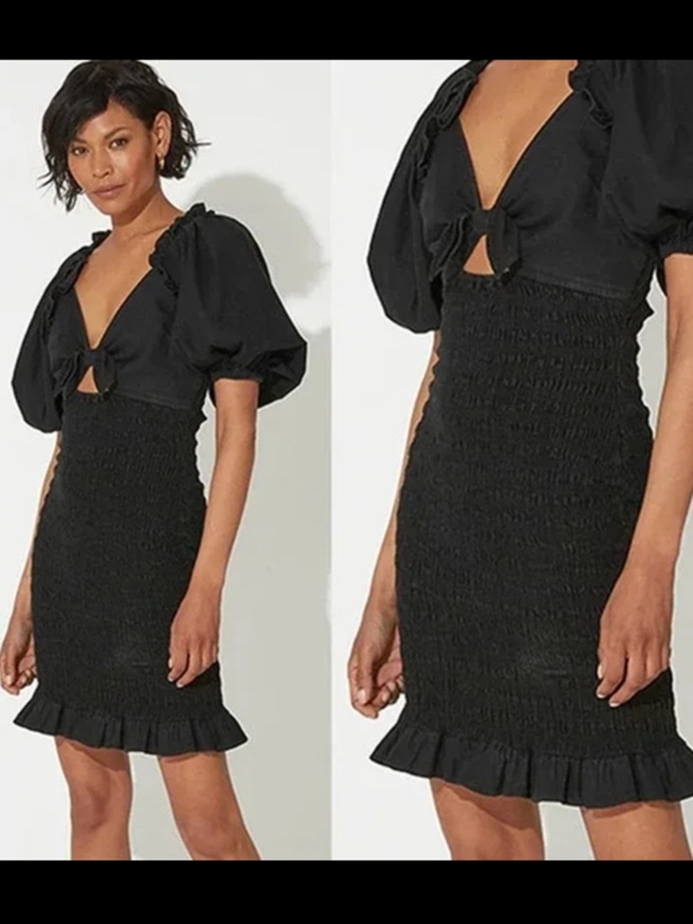 Cleobella Black Smocked Mini Dress with Puff Sleeves and Ruffle Hem